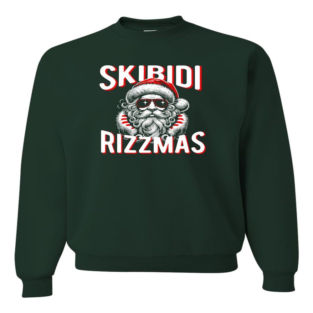 Go All Out XX-Large Forest Green Mens Skibidi Rizzmas Cool Santa Funny Christmas Sweatshirt Crewneck