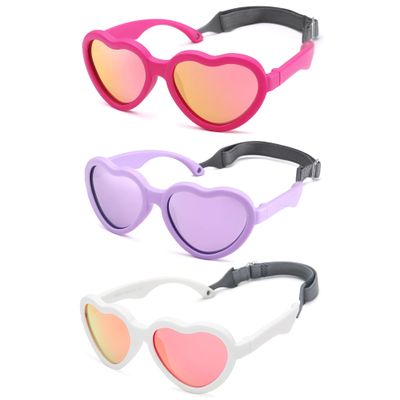 Hycredi Baby Heart Shaped Sunglasses - with Strap Adjustable Polarized Shades for Newborn Infant Age 0-24 Months - Rose Red/Red Mirrored + Purple/Purple Mirrored + White/Purple Red Mirrored