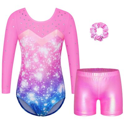 BAOHULU Gymnastics Leotards for Girls Mesh Sleeves Dancewear with Matching Shorts Set US_KHB391_PinkBlue_10A_B