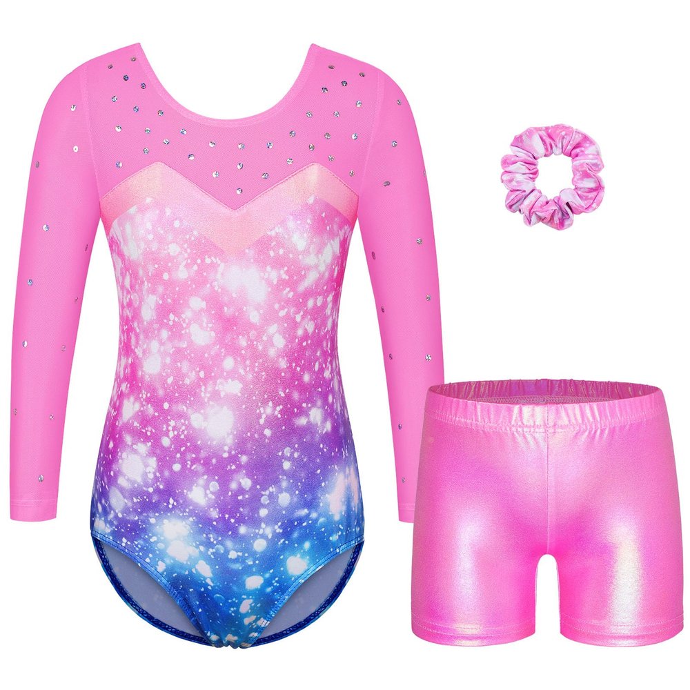 BAOHULU Gymnastics Leotards for Girls Mesh Sleeves Dancewear with Matching Shorts Set US_KHB391_PinkBlue_10A_B