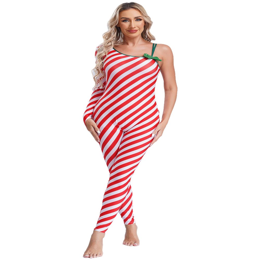 Jhaoyu Women's Christmas Costume Red White Candy Cane Dance Jumpsuit Unitard Stage Performance Costume Red 3X-Large