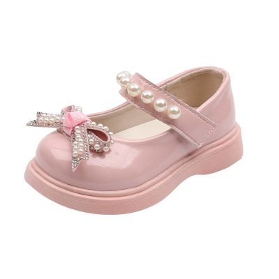 Girls Platform Mary Jane Leather Shoes Baby Kids Bow Pearl Chain Dress Chunky Shoes School Uniform Oxfor Prom Shoes (Pink, 8 Toddler)