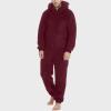 Thatrich Mens Fleece Jumpsuit Thermal Sherpa Underwear Winter Warm Pajamas Hooded Zipper Pajama Sets Lounge Pjs Plush Fuzzy Wine Red view 2