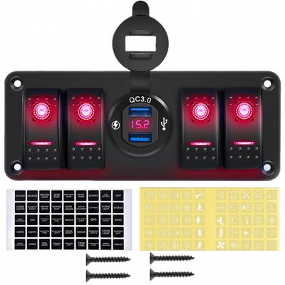 4 Gang Boat Rocker Switch Panel with USB Socket LED Voltmeter, 12V-24V DC Marine Waterproof Toggle Switch Aluminum Panel with Dual QC3.0 USB Charger and Night Glow Stickers for Car Truck RV (Red)
