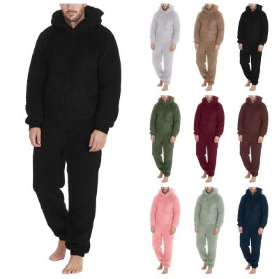 Thatrich Mens Fleece Jumpsuit Thermal Sherpa Underwear Winter Warm Pajamas Hooded Zipper Pajama Sets Lounge Pjs Plush Fuzzy Black