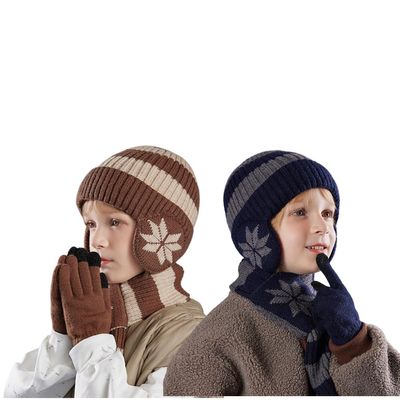 Kids Winter Warm Beanie Hat Scarf Gloves Set for Girls Boys Striped Knitted Plush Velvet Ear Protection Cap