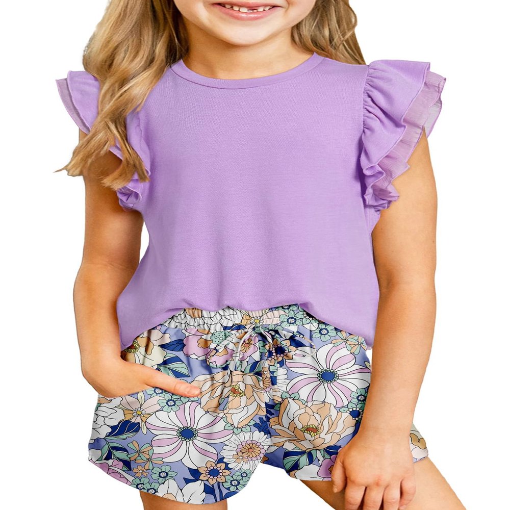 blibean Teen Girls Summer Clothes Set Big Kids Floral Matching Outfits Tween Fashion Two Piece Shirt Shorts Hawaiian Clothing Dual Ruffles Top Dressy Tracksuits Size 12-13 Years Old Violet