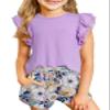 blibean Teen Girls Summer Clothes Set Big Kids Floral Matching Outfits Tween Fashion Two Piece Shirt Shorts Hawaiian Clothing Dual Ruffles Top Dressy Tracksuits Size 12-13 Years Old Violet view 1