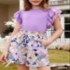 blibean Teen Girls Summer Clothes Set Big Kids Floral Matching Outfits Tween Fashion Two Piece Shirt Shorts Hawaiian Clothing Dual Ruffles Top Dressy Tracksuits Size 12-13 Years Old Violet view 2