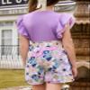 blibean Teen Girls Summer Clothes Set Big Kids Floral Matching Outfits Tween Fashion Two Piece Shirt Shorts Hawaiian Clothing Dual Ruffles Top Dressy Tracksuits Size 12-13 Years Old Violet view 3