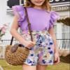 blibean Teen Girls Summer Clothes Set Big Kids Floral Matching Outfits Tween Fashion Two Piece Shirt Shorts Hawaiian Clothing Dual Ruffles Top Dressy Tracksuits Size 12-13 Years Old Violet view 4