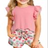 blibean Teen Girls Summer Clothes Set Big Kids Floral Matching Outfits Tween Fashion Two Piece Shirt Shorts Hawaiian Clothing Dual Ruffles Top Dressy Tracksuits Size 12-13 Years Old Pink view 1