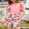 blibean Teen Girls Summer Clothes Set Big Kids Floral Matching Outfits Tween Fashion Two Piece Shirt Shorts Hawaiian Clothing Dual Ruffles Top Dressy Tracksuits Size 12-13 Years Old Pink view 2