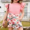blibean Teen Girls Summer Clothes Set Big Kids Floral Matching Outfits Tween Fashion Two Piece Shirt Shorts Hawaiian Clothing Dual Ruffles Top Dressy Tracksuits Size 12-13 Years Old Pink view 4