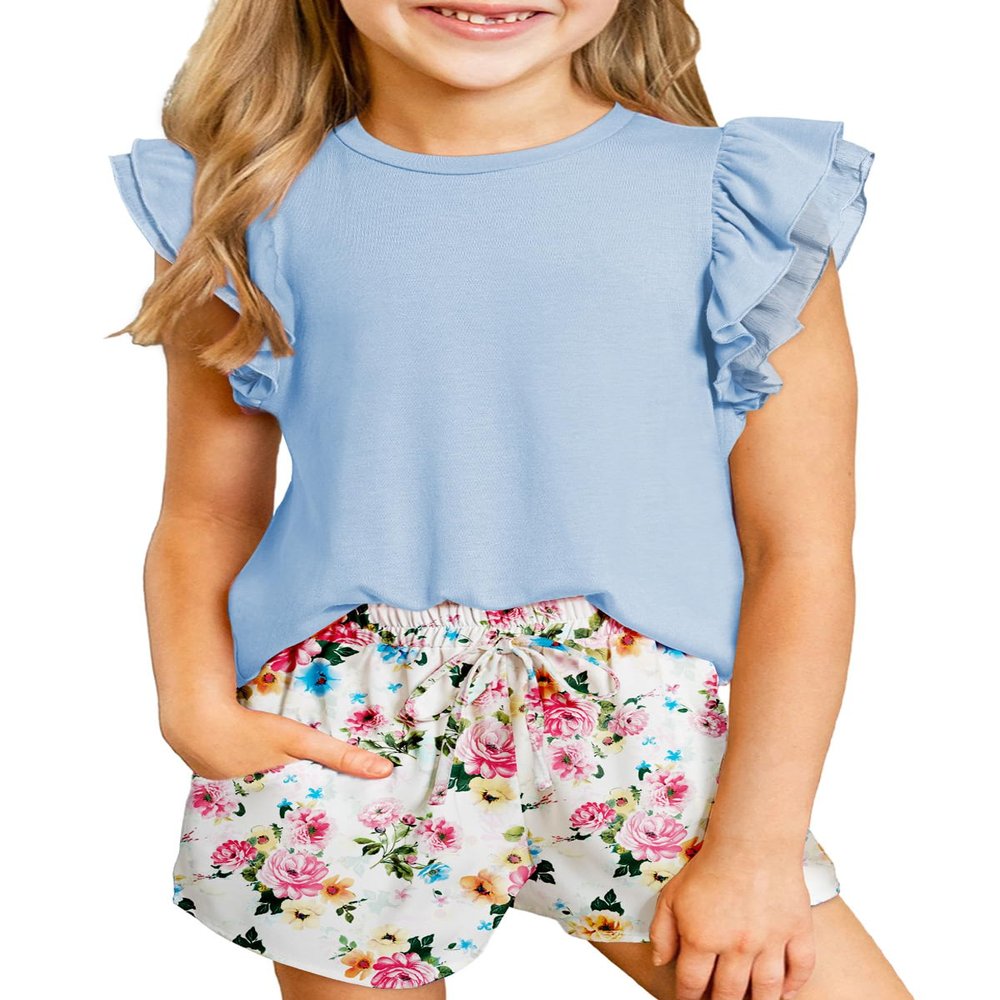 blibean Teen Girls Summer Clothes Sets Big Kids Hawaiian Matching Outfit Tween Trendy 2 Piece Shirt Shorts Birthday Clothing Double Ruffle Tops Dress Tracksuit Size 8-9 Years Old Sky Blue