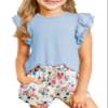 blibean Teen Girls Summer Clothes Sets Big Kids Hawaiian Matching Outfit Tween Trendy 2 Piece Shirt Shorts Birthday Clothing Double Ruffle Tops Dress Tracksuit Size 8-9 Years Old Sky Blue view 1