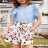 blibean Teen Girls Summer Clothes Sets Big Kids Hawaiian Matching Outfit Tween Trendy 2 Piece Shirt Shorts Birthday Clothing Double Ruffle Tops Dress Tracksuit Size 8-9 Years Old Sky Blue view 2