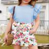 blibean Teen Girls Summer Clothes Sets Big Kids Hawaiian Matching Outfit Tween Trendy 2 Piece Shirt Shorts Birthday Clothing Double Ruffle Tops Dress Tracksuit Size 8-9 Years Old Sky Blue view 4