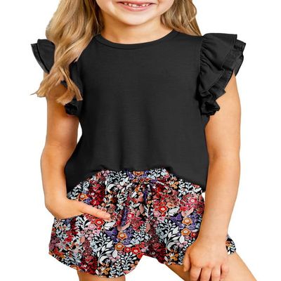 blibean Teens Girl Summer Clothes Set Big Kids Flower Lounge Outfits Tween Casual 2 Pieces Shirt Shorts Athletic Clothing Dual Ruffled Tops Dressy Tracksuit Size 14 15 16 Years Old Black