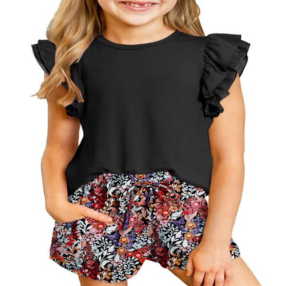 blibean Teens Girl Summer Clothes Set Big Kids Flower Lounge Outfits Tween Casual 2 Pieces Shirt Shorts Athletic Clothing Dual Ruffled Tops Dressy Tracksuit Size 14 15 16 Years Old Black