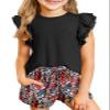 blibean Teens Girl Summer Clothes Set Big Kids Flower Lounge Outfits Tween Casual 2 Pieces Shirt Shorts Athletic Clothing Dual Ruffled Tops Dressy Tracksuit Size 14 15 16 Years Old Black view 1