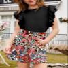 blibean Teens Girl Summer Clothes Set Big Kids Flower Lounge Outfits Tween Casual 2 Pieces Shirt Shorts Athletic Clothing Dual Ruffled Tops Dressy Tracksuit Size 14 15 16 Years Old Black view 2