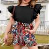 blibean Teens Girl Summer Clothes Set Big Kids Flower Lounge Outfits Tween Casual 2 Pieces Shirt Shorts Athletic Clothing Dual Ruffled Tops Dressy Tracksuit Size 14 15 16 Years Old Black view 4