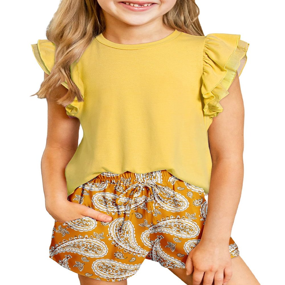 blibean Teens Girls Summer Clothes Set Big Kid Hawaiian Matching Outfit Tween Cute 2pc Shirt Shorts Beach Clothing Double Ruffles Top Dress Tracksuit Size 10-11 Years Old Yellow