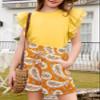 blibean Teens Girls Summer Clothes Set Big Kid Hawaiian Matching Outfit Tween Cute 2pc Shirt Shorts Beach Clothing Double Ruffles Top Dress Tracksuit Size 10-11 Years Old Yellow view 4