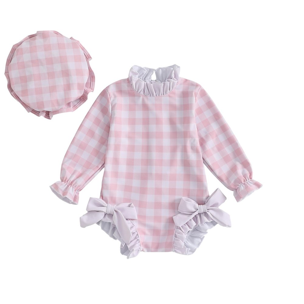 Socutebabe Baby Girl Swimsuit Baby Girls Long Sleeve One Piece Swimsuit Romper with Hat Bathing Suit Beach Rash Guard (aa-r-Pink, 12-18 Months)
