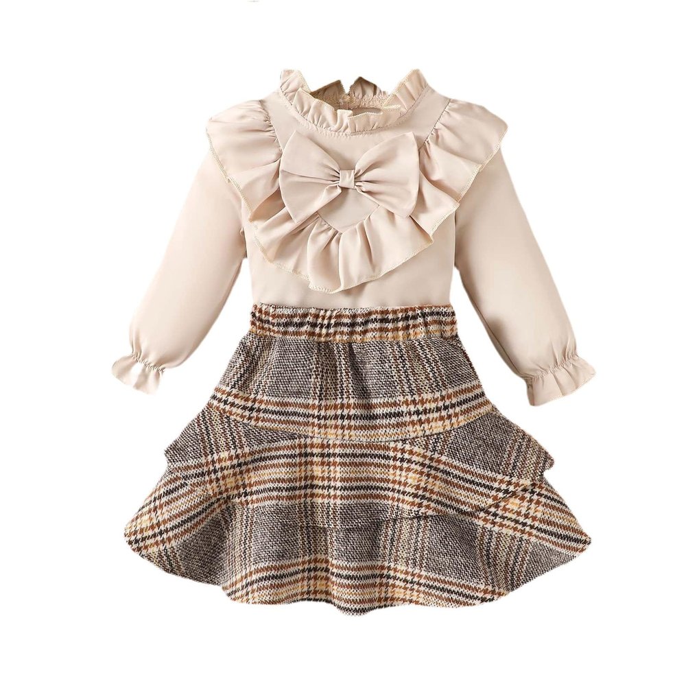Cute Sweat Pants for Teen Girls Girls Fall New Long Sleeve Bow Lace Shirt Plaid Skirt Two Set Little (White, 1-2 Years)