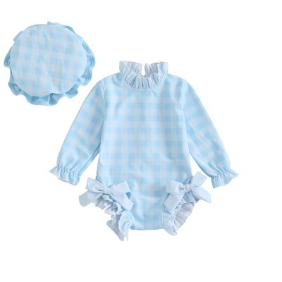 Baby Girl Swimsuit Baby Girls Long Sleeve One Piece Swimsuit Romper with Hat Bathing Suit Beach Rash Guard (aa-r-Blue, 18-24 Months)