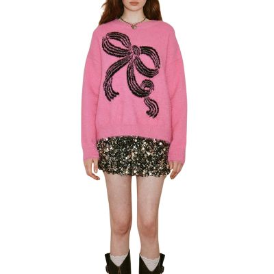 Women's Elegant Bow Sweater Long Sleeve Round Neck Knit Oversized Autumn Winter Cable Knit Pullover Tops (Pink, XL)