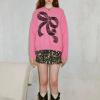 Women's Elegant Bow Sweater Long Sleeve Round Neck Knit Oversized Autumn Winter Cable Knit Pullover Tops (Pink, XL) view 2