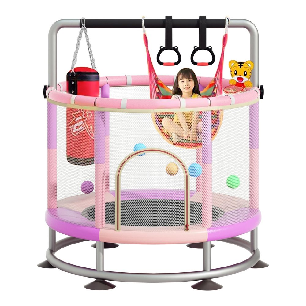 60" Trampoline for Kids, Anti-Rollover Round Bottom Baby Toddler Trampoline with Basketball Hoop, Indoor/Outdoor Kid MiniTrampoline with Enclosure Net, Children's Gift for Halloween, Christmas
