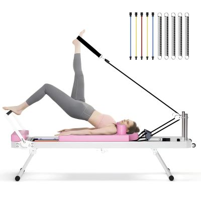 SogesPower Pilates Reformer Machine for Home Gym Workout, Foldable Pilates Equipment with Springs and Cords for Dual Resistance, Up to 400 LBS, Pink