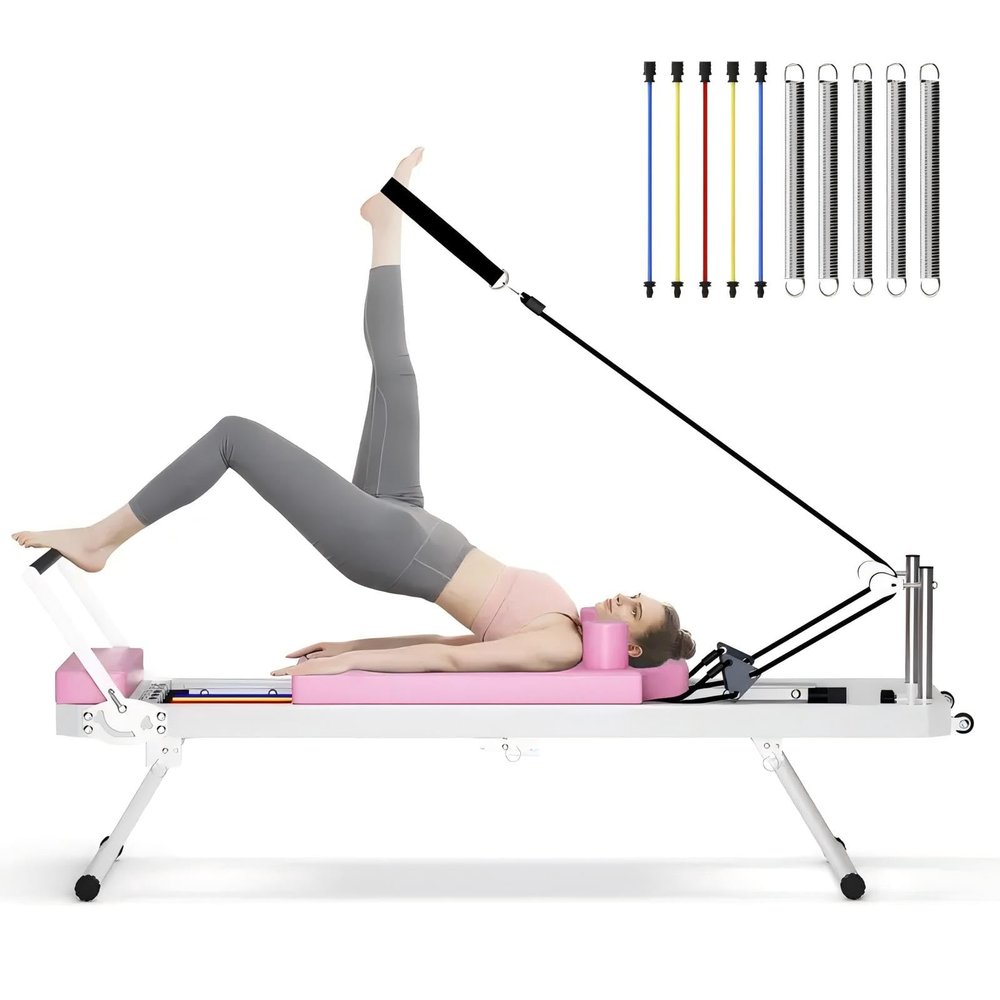 SogesPower Pilates Reformer Machine for Home Gym Workout, Foldable Pilates Equipment with Springs and Cords for Dual Resistance, Up to 400 LBS, Pink