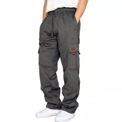 Gray Sweatpants Men's Cargo Pants Elastic Waist Open Bottom Sweatpants Loose Fit Lightweight Hiking Work Pants Multi Pockets Wide Leg Sweatpants Men Fleece Lined Joggers Drawstring Sweat Pants