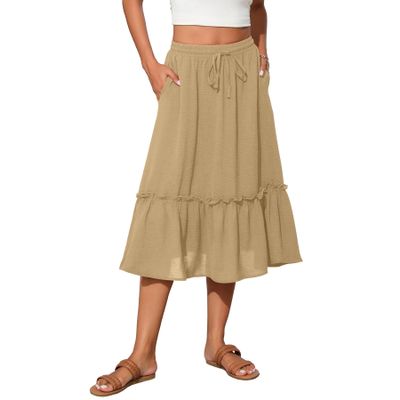 Witsmile Womens Skirts Midi Length with Pockets Flowy Skirts for Women Trendy Summer Beach Cover-Ups(Khaki,M)