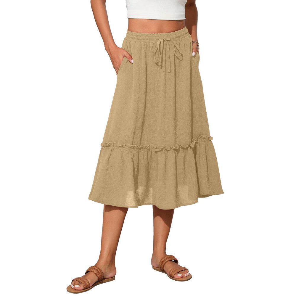 Witsmile Womens Skirts Midi Length with Pockets Flowy Skirts for Women Trendy Summer Beach Cover-Ups(Khaki,M)