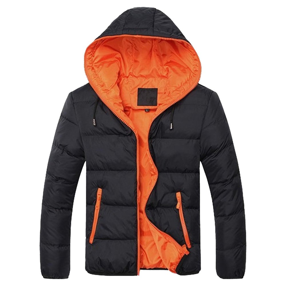 Qolkmuiy-GJ Men's Winter Insulated Thick Puffer Outwear Warm Ski Jacket Waterproof Hooded Thicken Padded Parka Hoodie (Orange,Large)