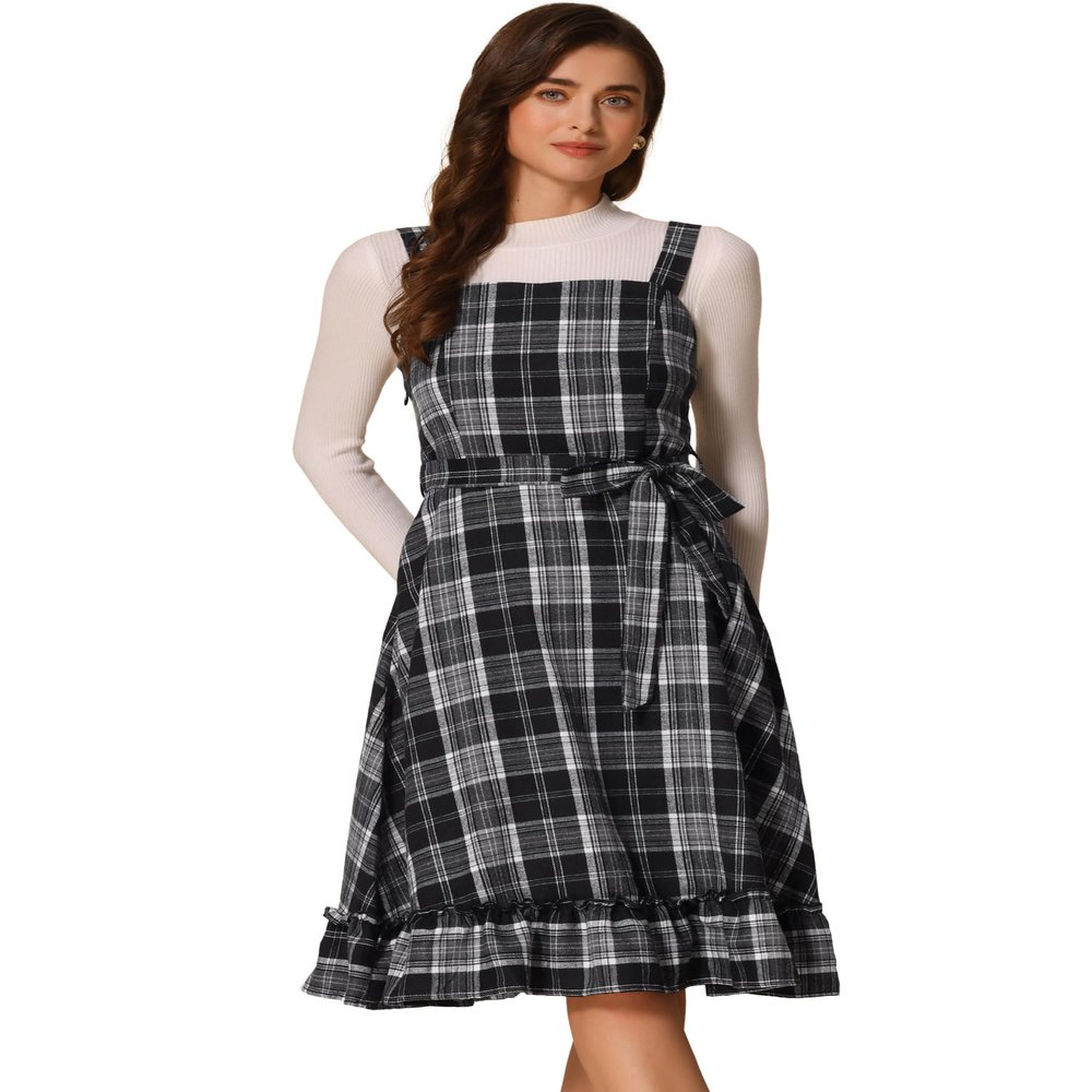 Allegra K Plaid Dress for Women Ruffled Sleeveless Vintage Tie Waist A-Line Pinafore Overall Dresses Large Black White