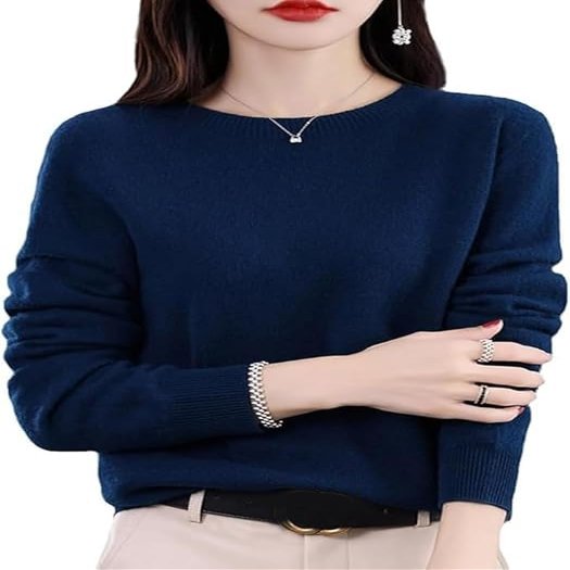 ALMOSDO Cashmere Sweaters for Women, 100% Cashmere Crew Neck Long Sleeve Soft Pullover Sweater Women's Cashmere Sweaters (US, Alpha, X-Large, Regular, Regular, Dark Blue)