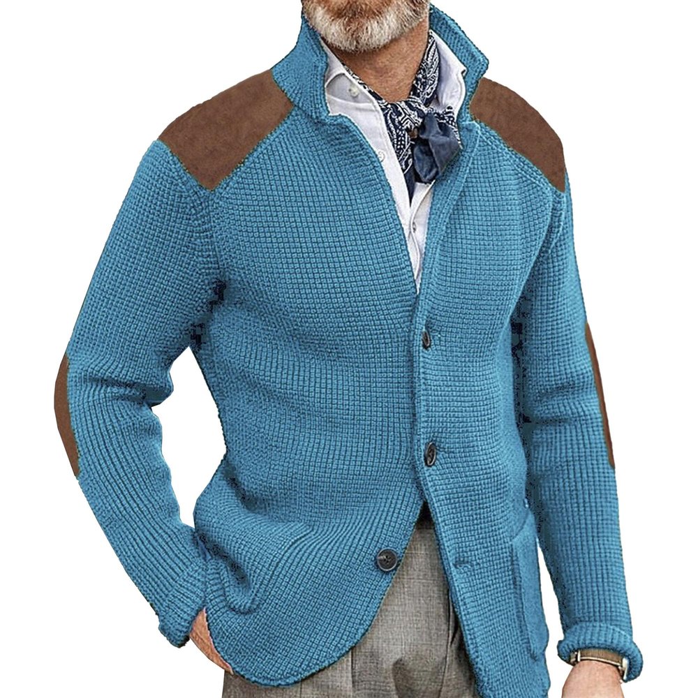 Mens Button Down Cardigan Sweaters Shawl Collar Warm Winter Chunky Cardigans Slim Fit Knitted Sweater with Pockets (Blue,S)