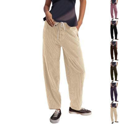 Corduroy Pants Women Casual Drawstring Elastic Waist Straight Leg Pants Baggy Cozy Lounge Trousers with Pockets Vintage Brown Wide Leg Corduroy Pants Casual Travel Comfy Soft Tapered Lounge Pants