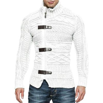 QOAAIE Men's Turtleneck Cardigan Sweaters Slim Fit Button Down Cable Knitted Sweater Long Sleeve Zipper Sweater Jacket (White,S)