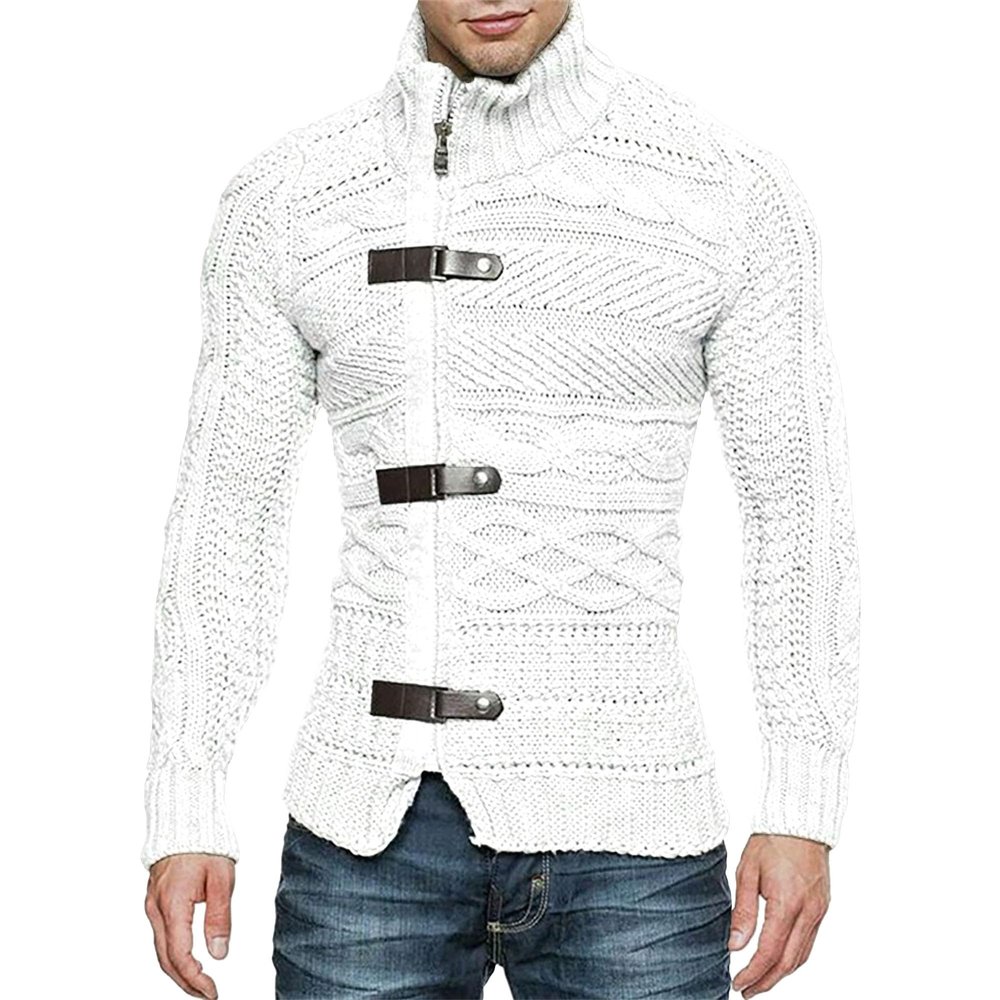QOAAIE Men's Turtleneck Cardigan Sweaters Slim Fit Button Down Cable Knitted Sweater Long Sleeve Zipper Sweater Jacket (White,S)