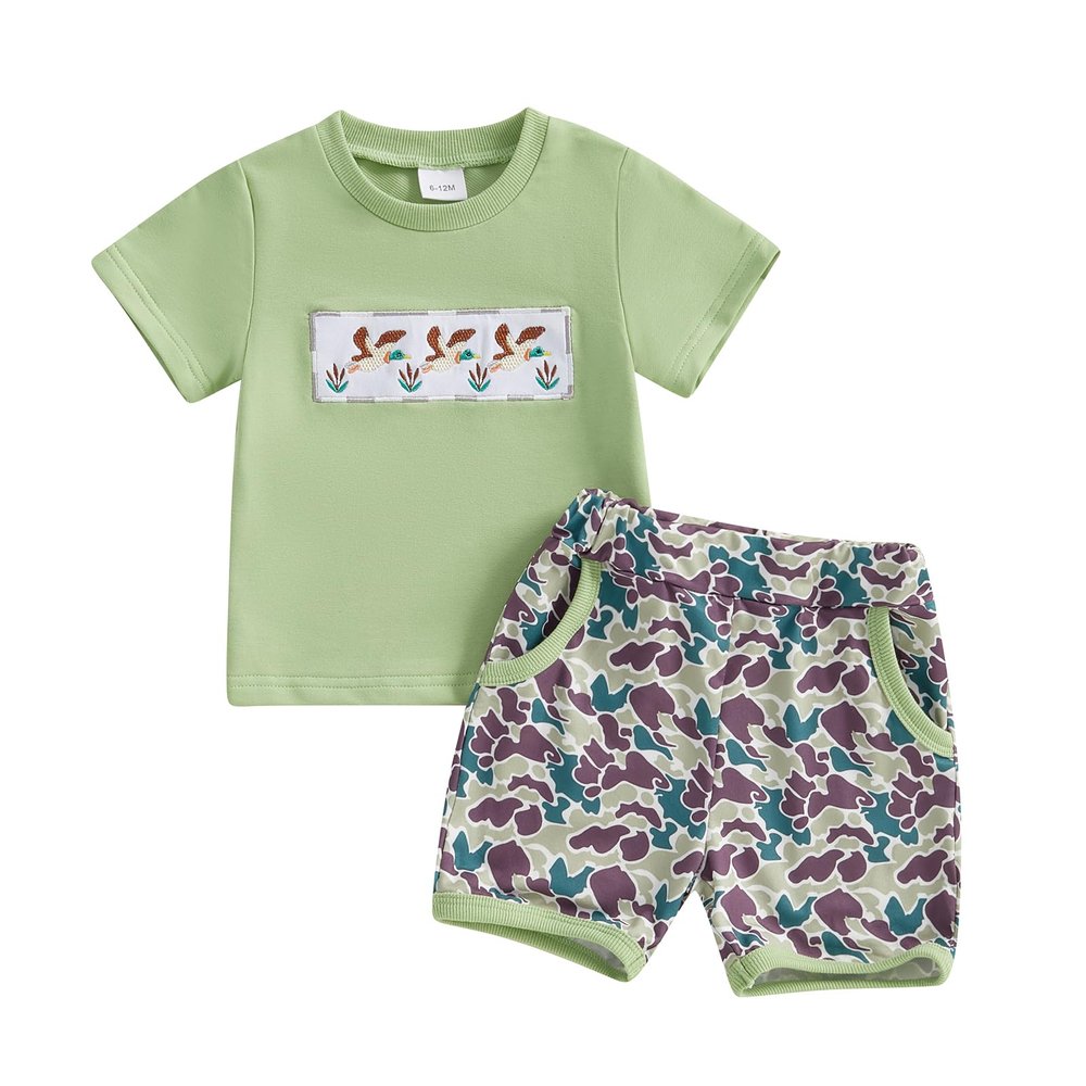 FIOMVA Toddler Baby Boy Farm Outfit 3 6 9 12 18 24Months 2t 3t Chicken Short Sleeve Top Shirt+Short Set Summer Clothes (Grass Green Hunting Clothes, 12-18 Months)