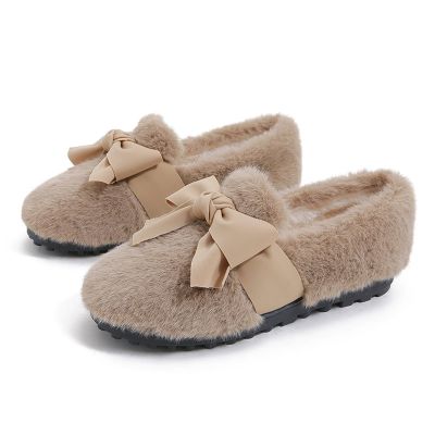 CPMBFDC Women's Plush House Slippers Warm Faux Fur Comfortable Indoor Outdoor Slip-On Loafers Ballet Flats Women's Fuzzy Loafers (Brown,5)