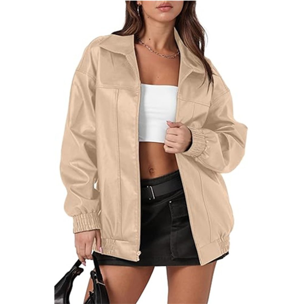 Winter Oversized Leather Jacket Women 2024 Fall Casual Solid Zip up Long Sleeve Clothes (apricot,Large)